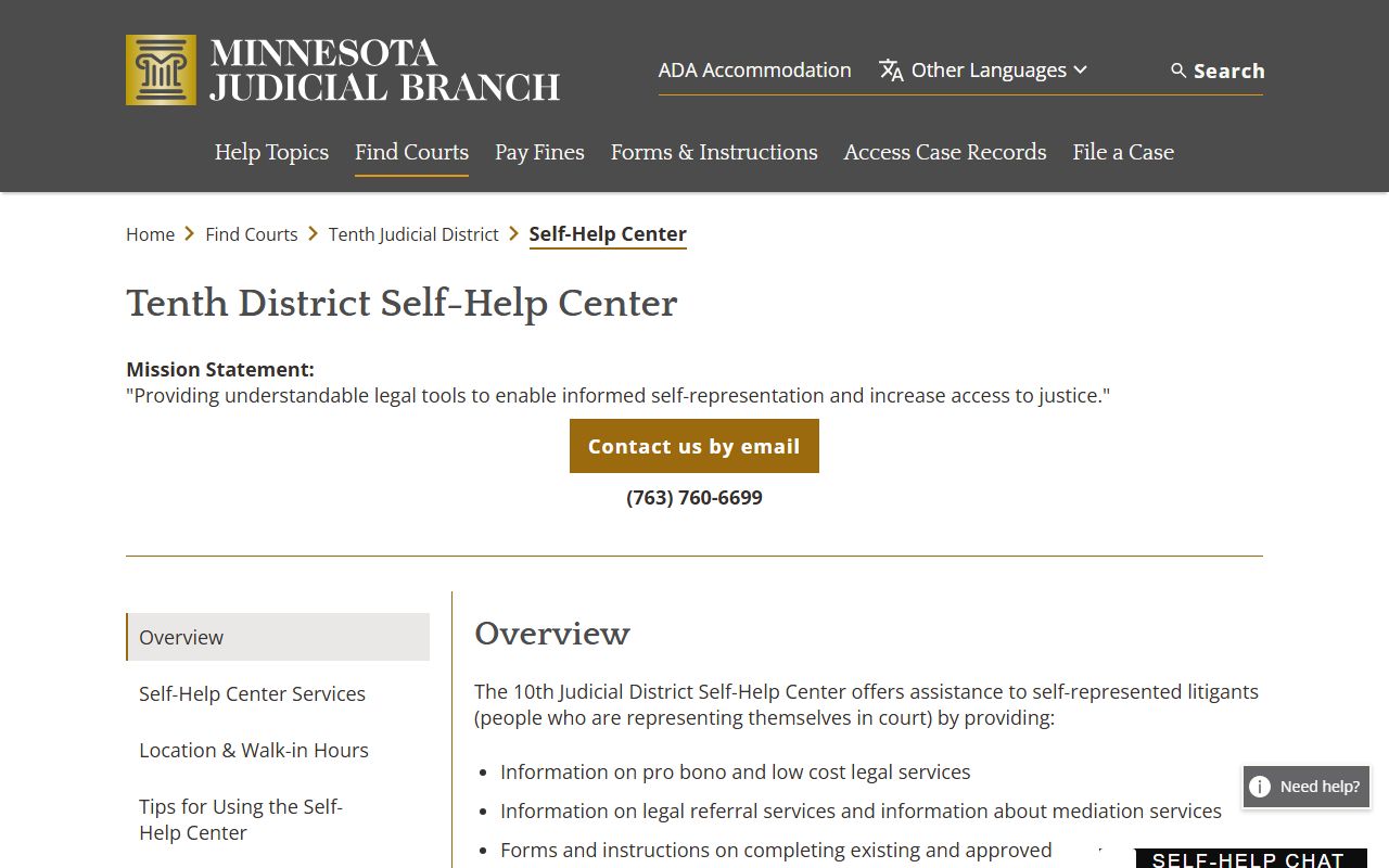 Tenth Judicial District Self-Help Center page with Washington County walk-in hours