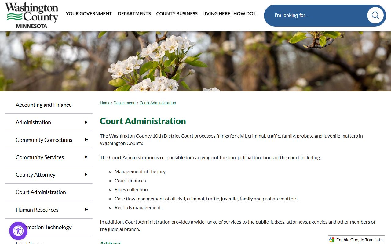 Washington County Court Administration page with division phone numbers