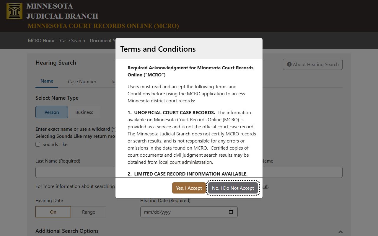 MCRO Hearing Search for Washington County court dockets and court dates
