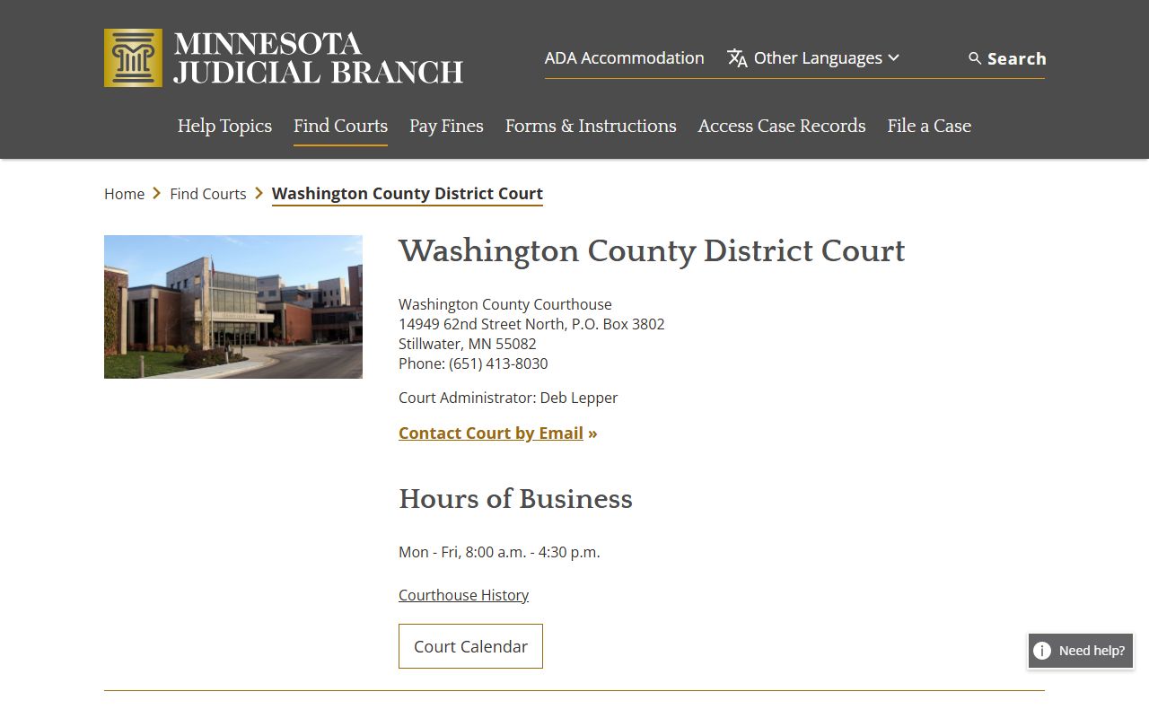 Washington County District Court page with calendar and court docket links