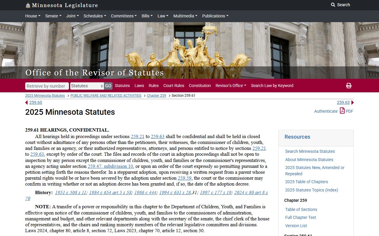 Minnesota Statutes section 259.61 on confidential adoption hearings and records