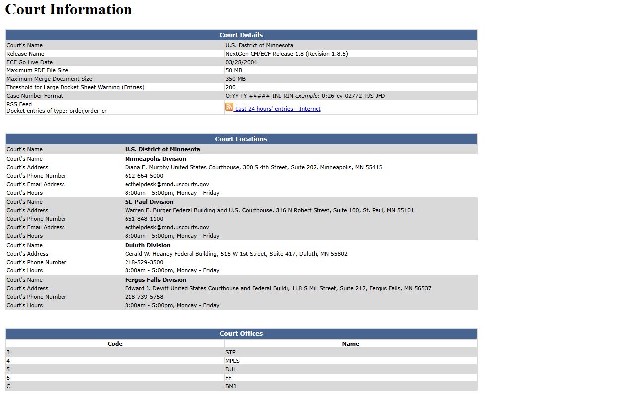 District of Minnesota CM/ECF court information page