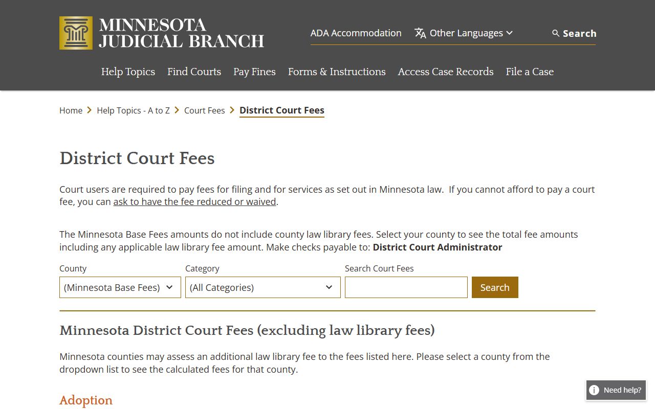 Minnesota Judicial Branch fee schedule for Washington County court records