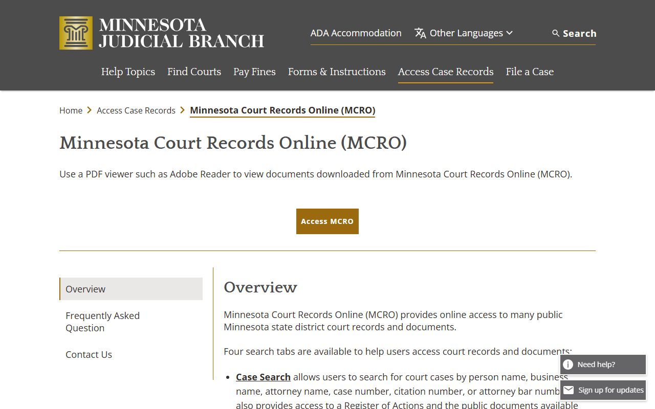 MCRO overview page for Washington County court records search