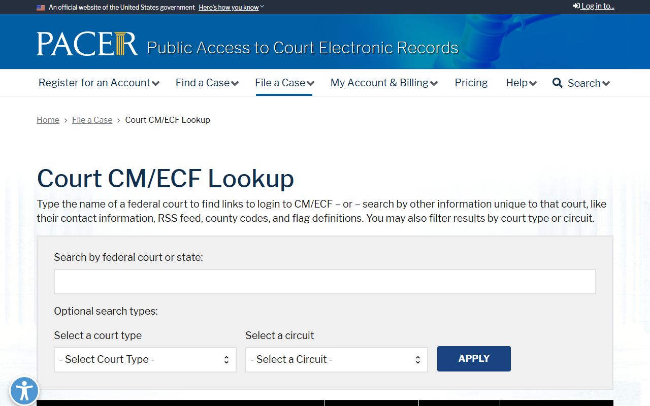 PACER court CM/ECF lookup map for the District of Minnesota