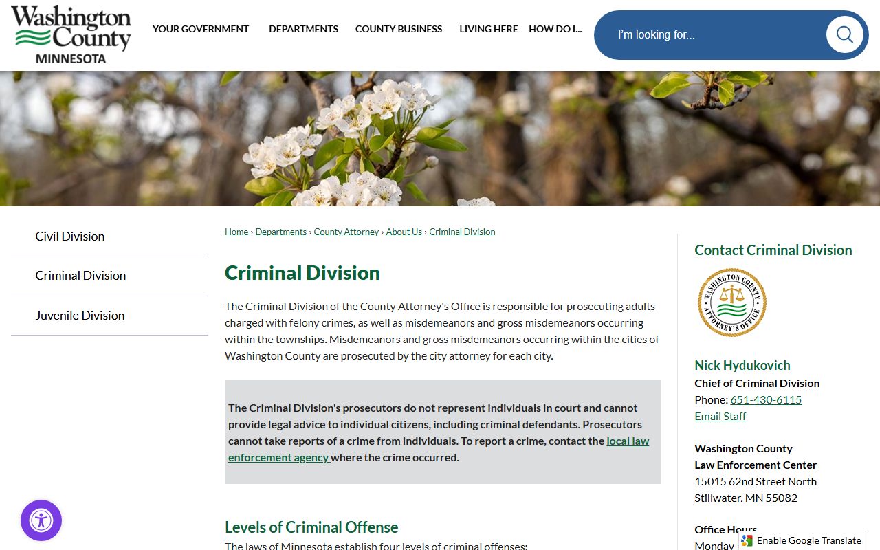 Washington County Attorney Criminal Division page for arrest and criminal records