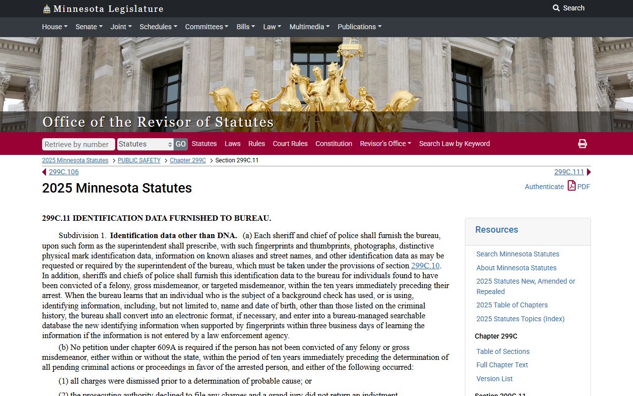 Minnesota Statutes section 299C.11 on arrest records for Washington County