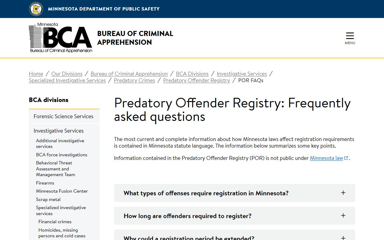 Minnesota BCA Predatory Offender Registry FAQ for Washington County