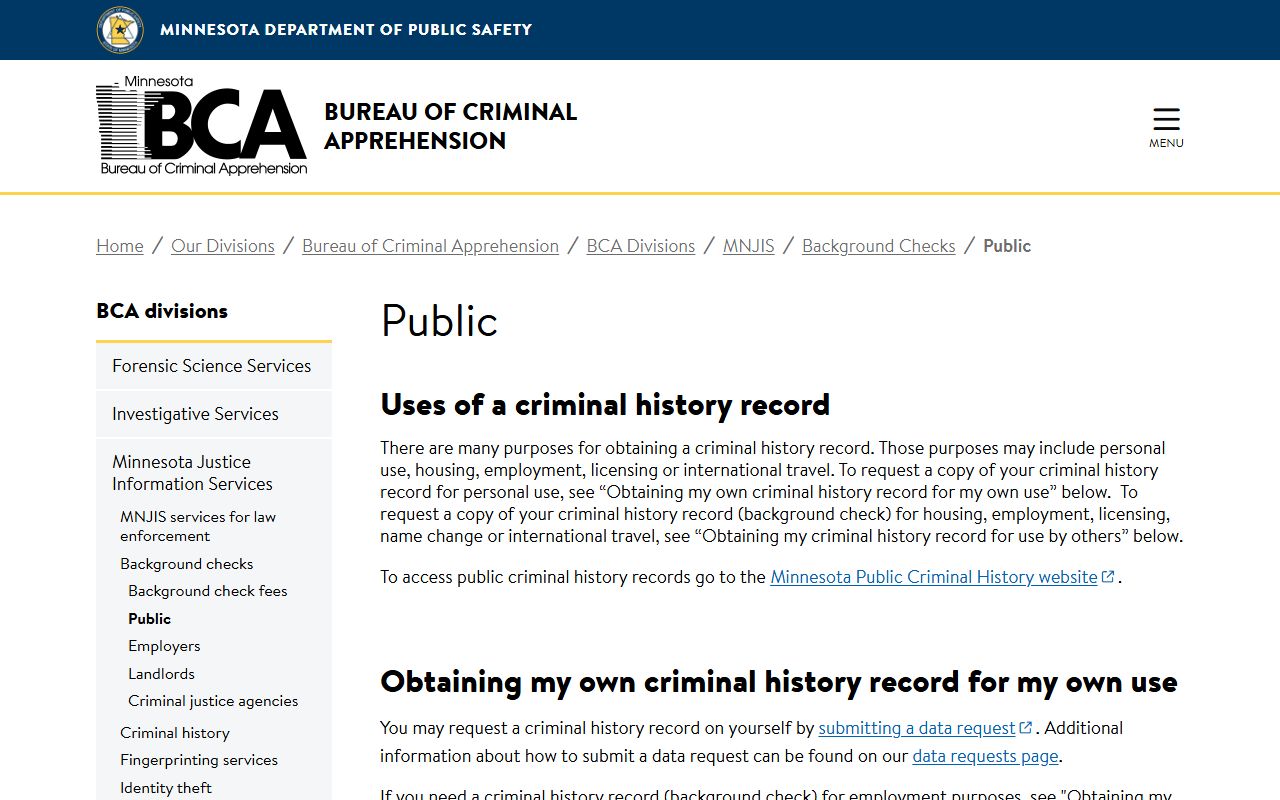 Minnesota BCA public criminal history records page for Washington County
