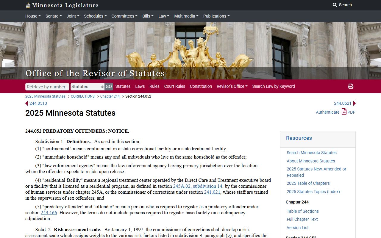 Minnesota community notification and risk level statute 244.052