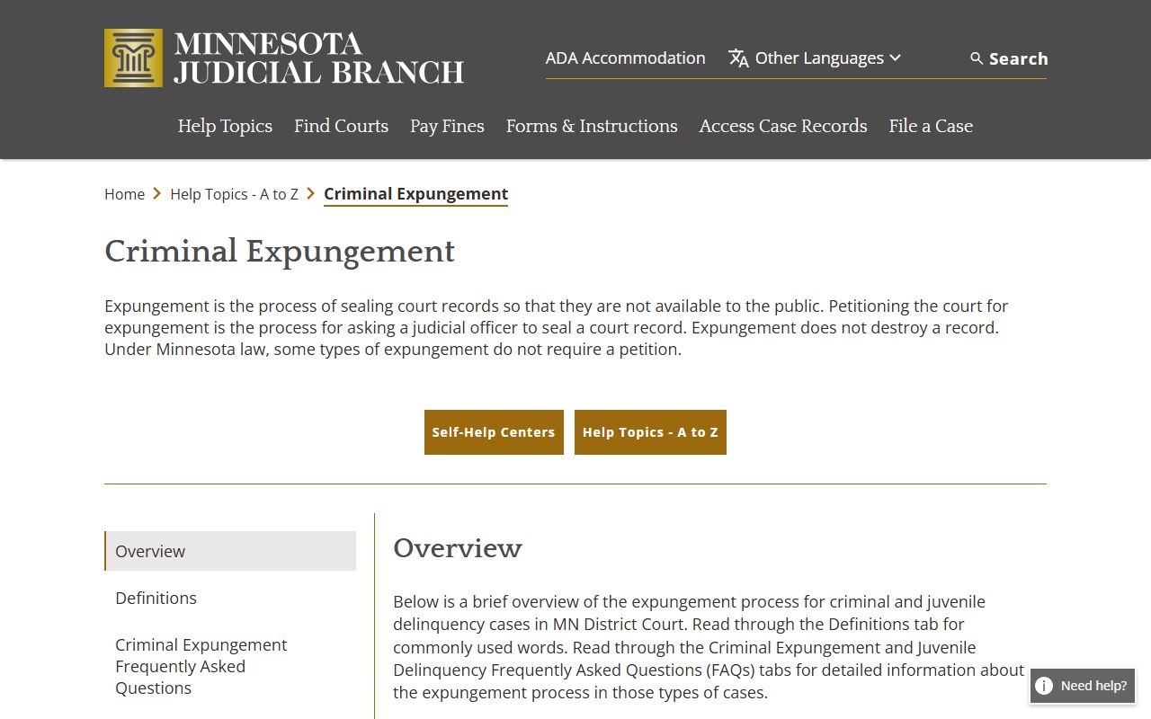 Minnesota criminal expungement help topic for Washington County arrest records