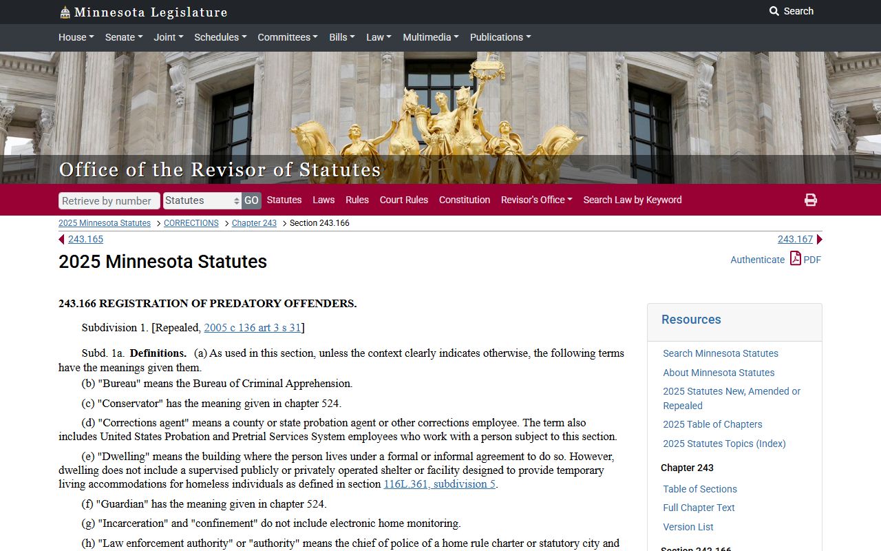 Minnesota predatory offender registration statute 243.166 for Washington County