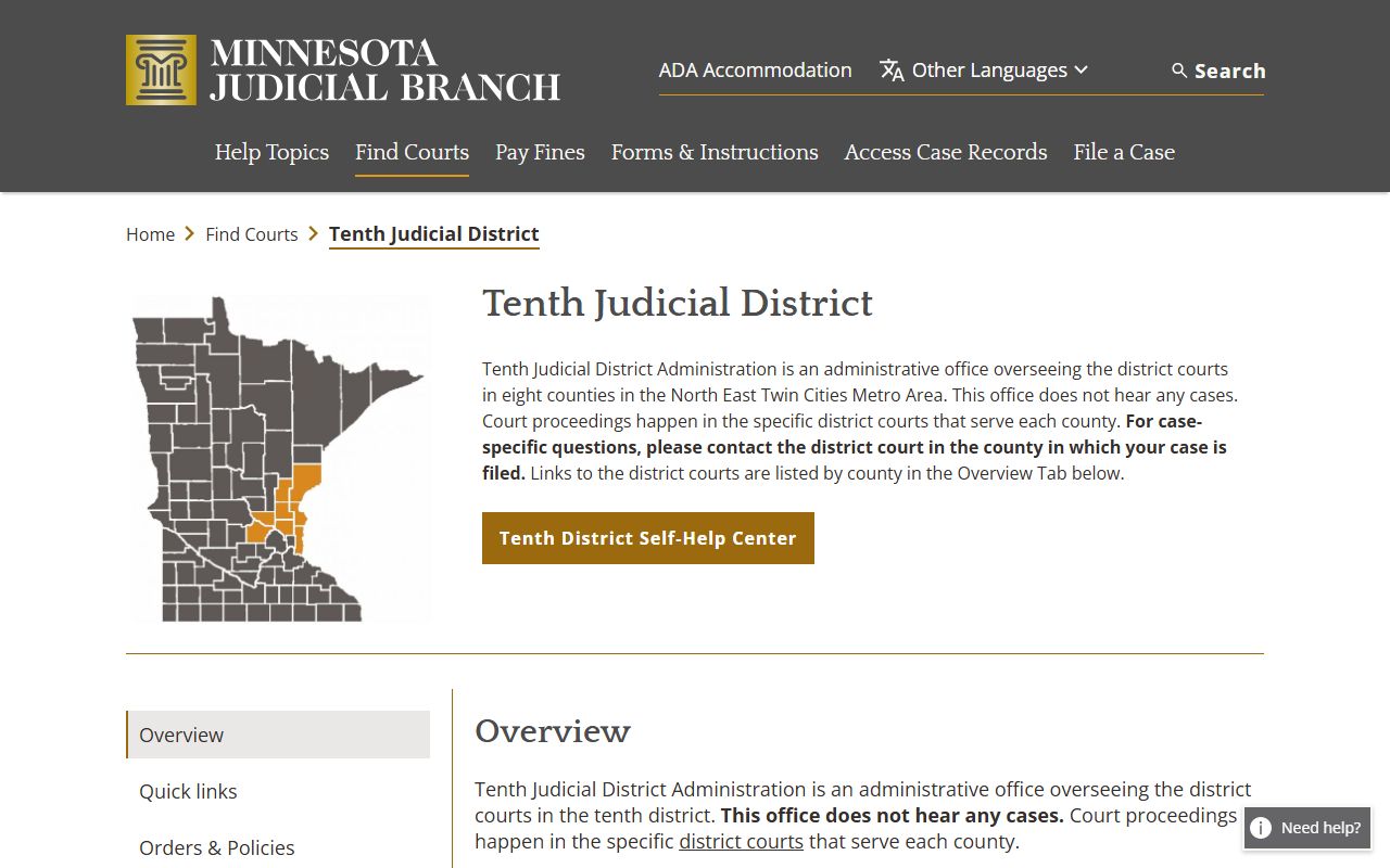 Tenth Judicial District overview page covering Washington County District Court