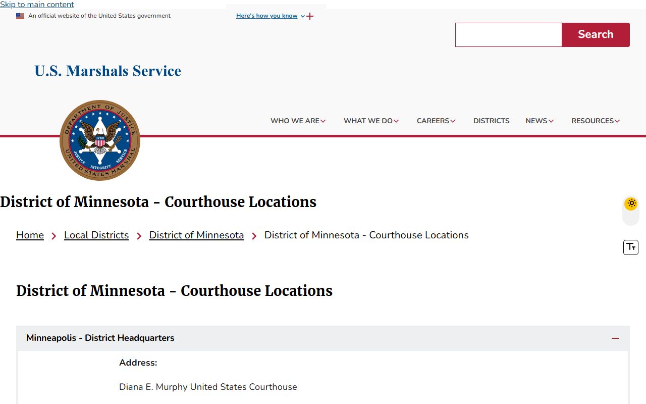 U.S. Marshals District of Minnesota courthouse locations near Washington County