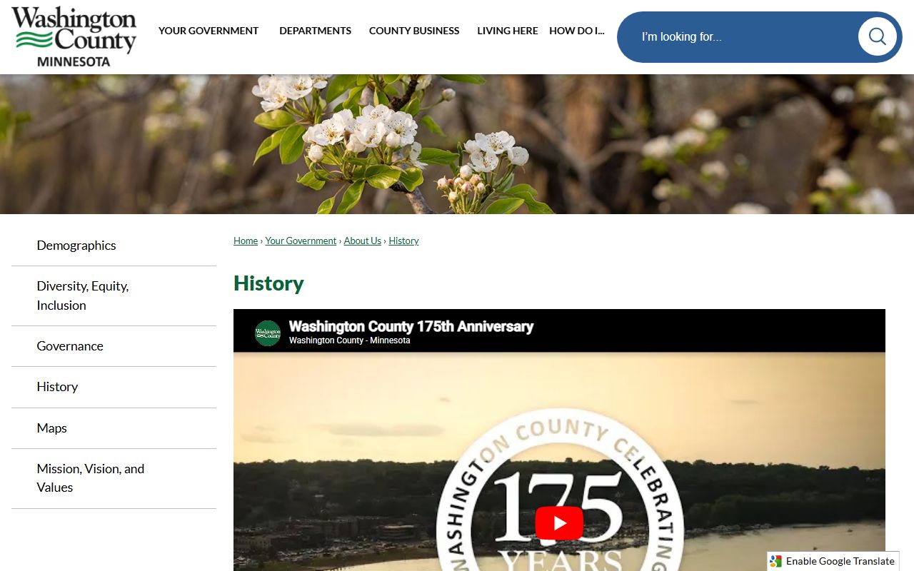 Washington County history page background for county court records