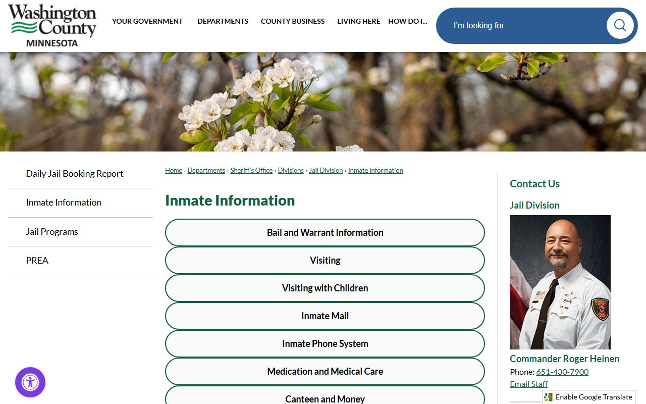 Washington County Jail inmate information page for bail, visits, and release