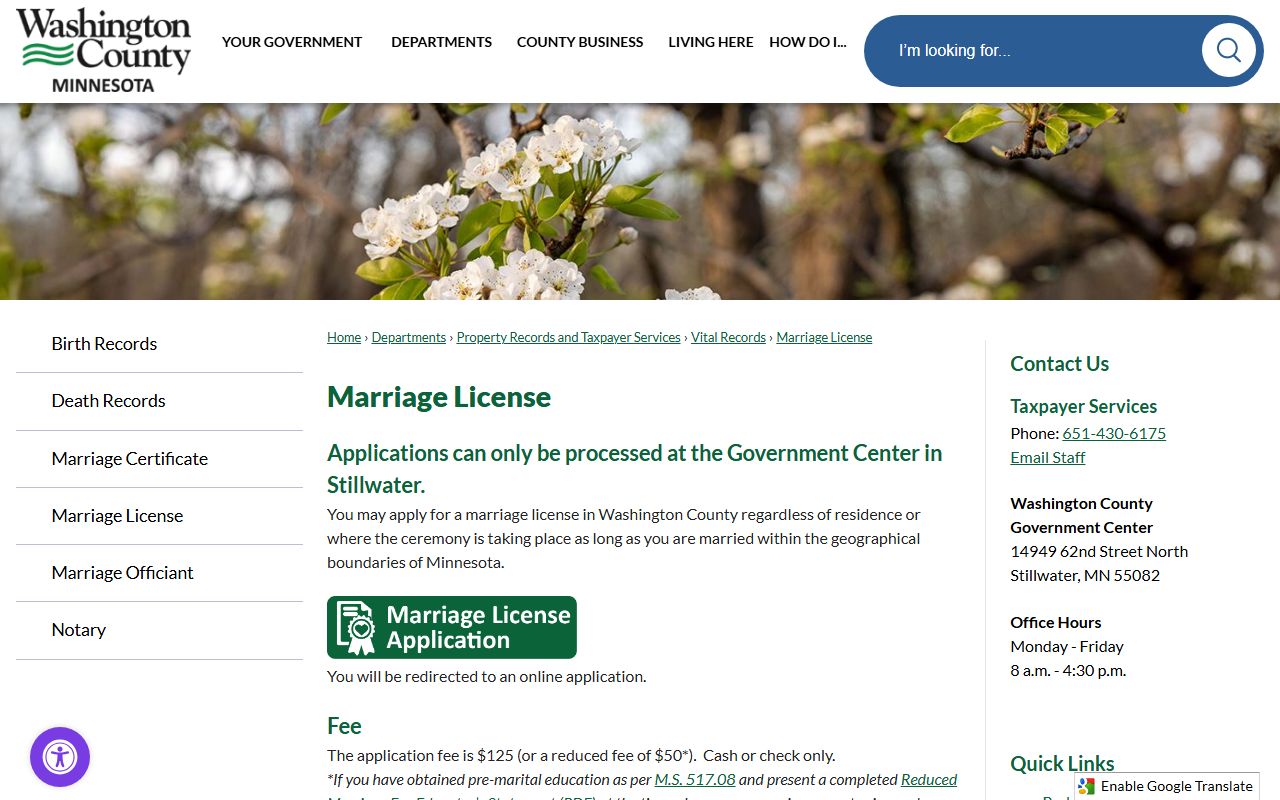 Washington County marriage license requirements and fee page