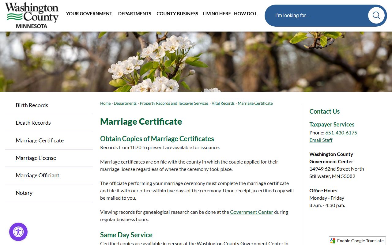 Washington County marriage certificate copy page with records from 1870 to present