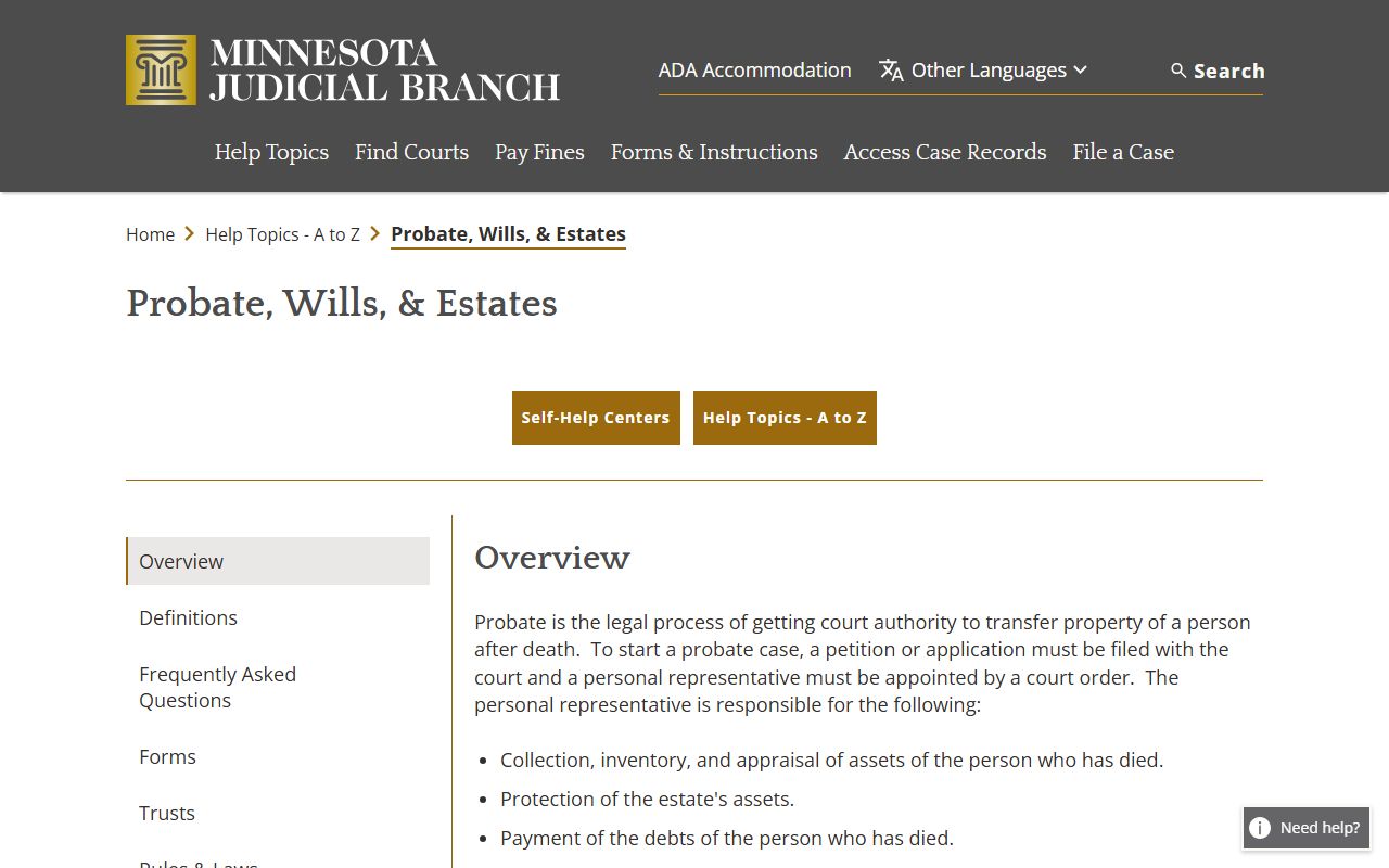 Minnesota Judicial Branch probate, wills, and estates self-help page for Washington County