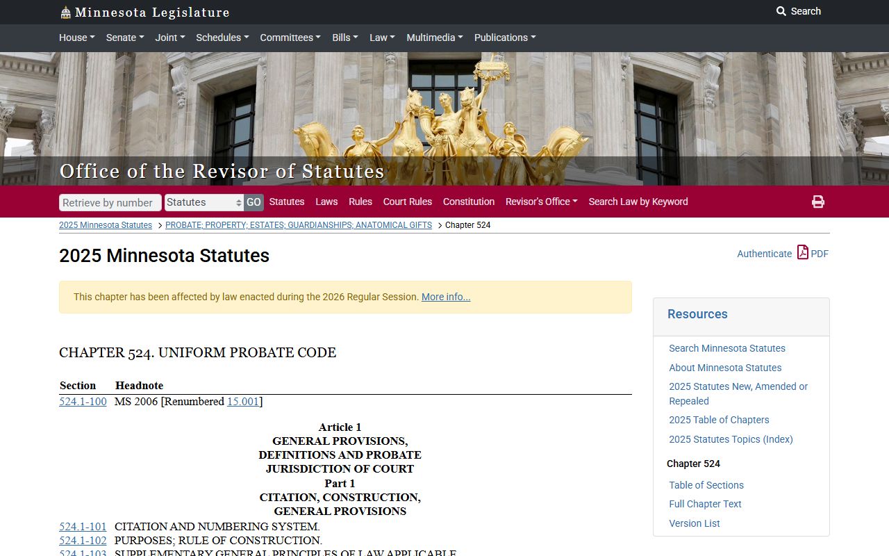 Minnesota probate code Chapter 524 governing Washington County estates