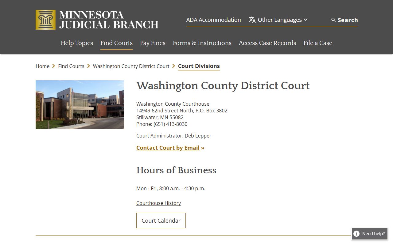 Washington County District Court divisions page covering probate and mental health