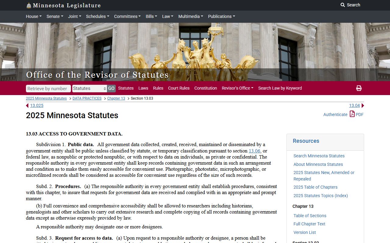 Minnesota Statutes section 13.03 on access to government data