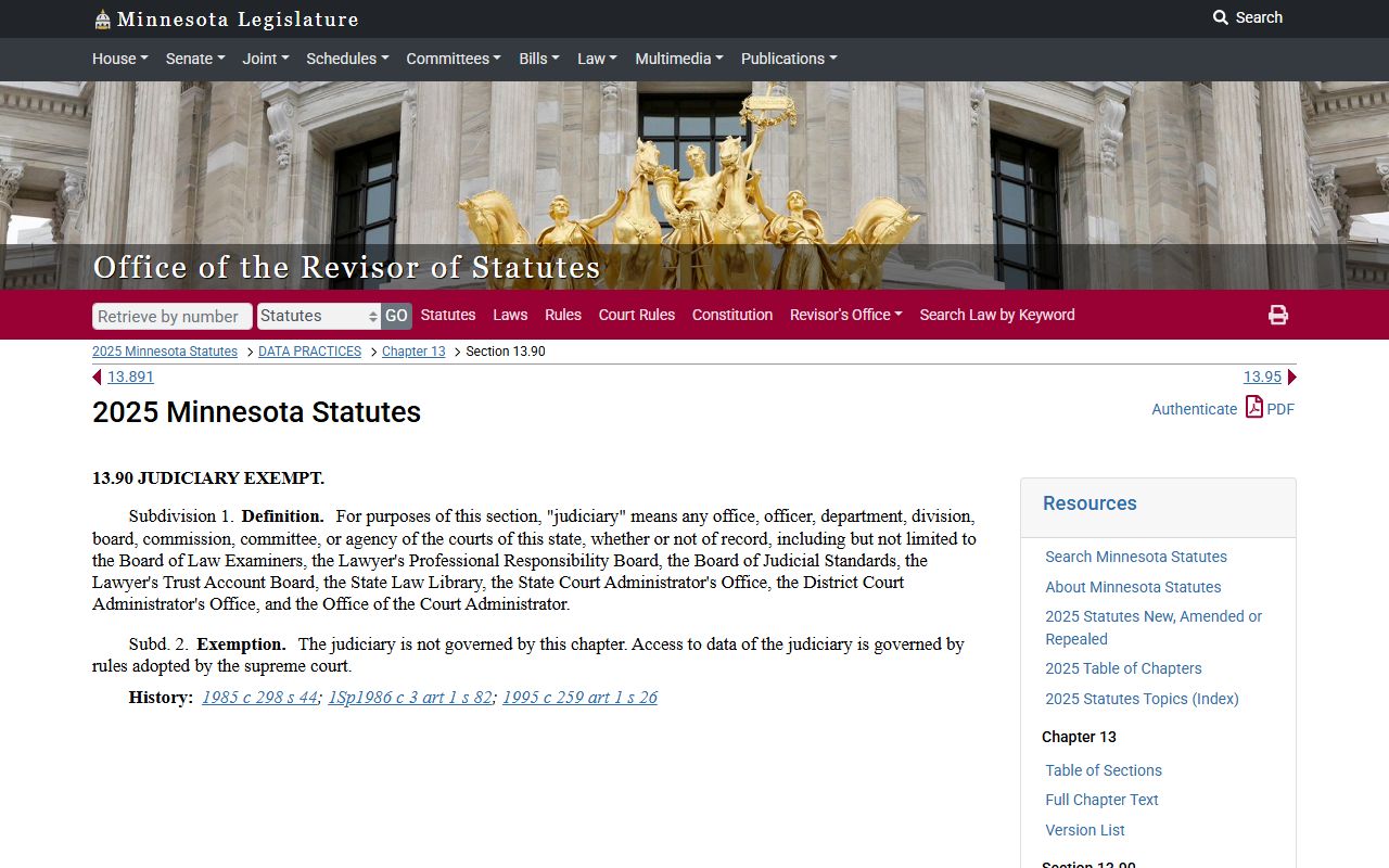 Minnesota Statutes section 13.90 judiciary data for Washington County records