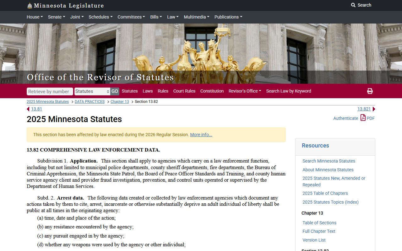 Minnesota Statutes section 13.82 law enforcement data for Washington County