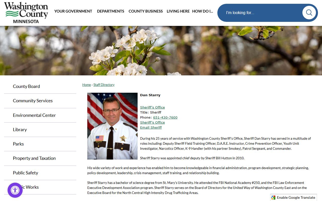 Washington County staff directory entry for Sheriff Dan Starry