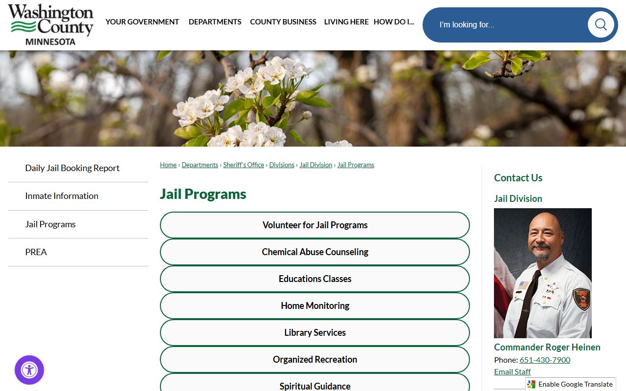 Washington County Jail programs page covering reentry and work release