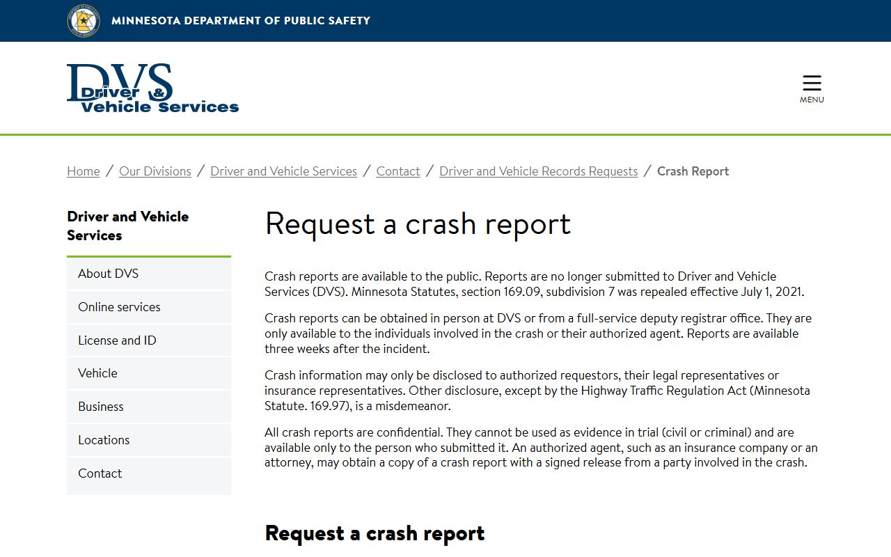 Minnesota DPS crash report request page for Washington County crashes