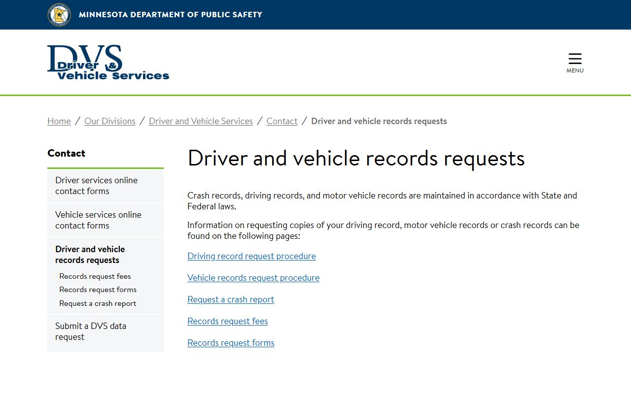 Minnesota DVS driver and vehicle record request page for Washington County drivers