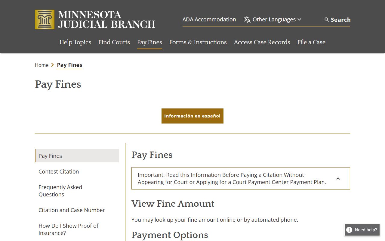 Minnesota Judicial Branch pay a fine page for Washington County traffic citations
