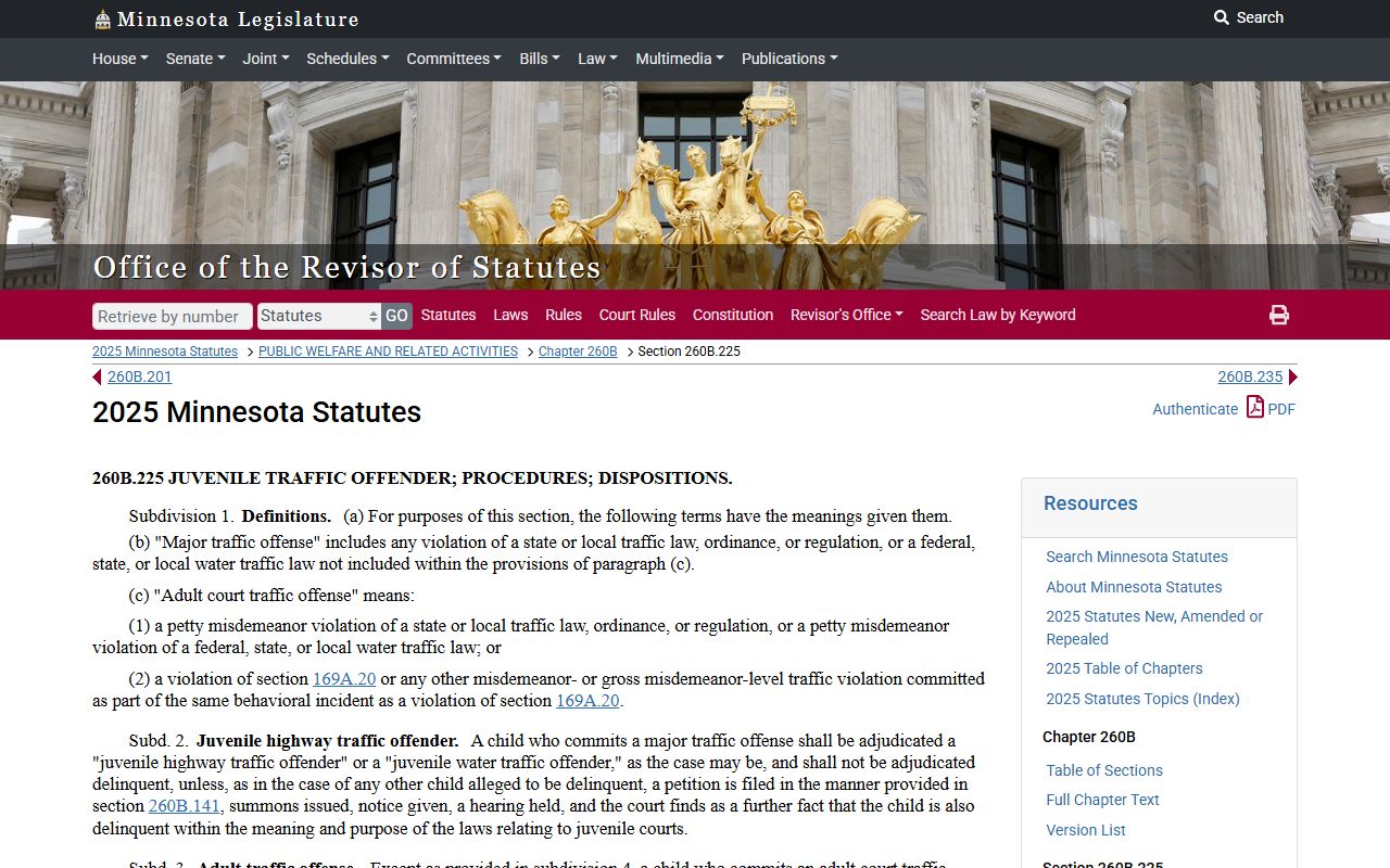 Minnesota juvenile traffic offender statute 260B.225 for Washington County