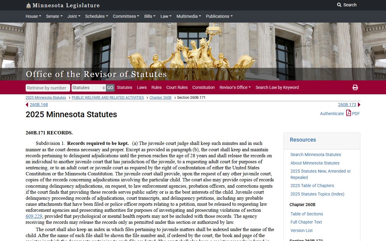 Minnesota Statutes section 260B.171 juvenile court records for Washington County