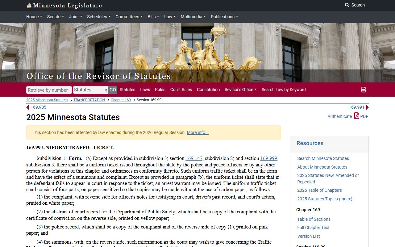 Minnesota uniform traffic ticket statute 169.99 for Washington County