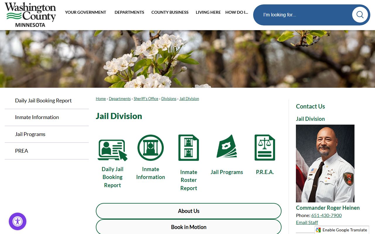 Washington County Jail Division page with warrant turn-in information