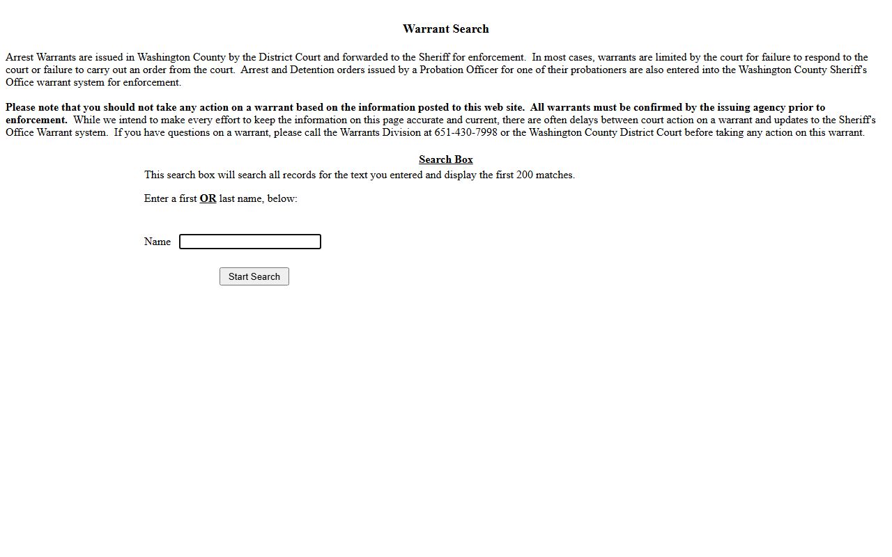 Washington County public warrant search form with single name field