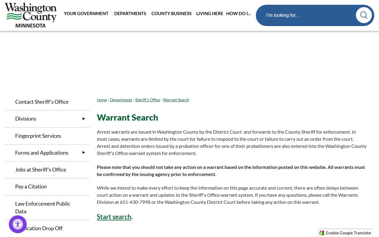Washington County Sheriff warrant search landing page and disclaimer